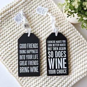 Primitives by Kathy Set of 2 Trimmed Wooden Wine Bottle Tags, Brand New